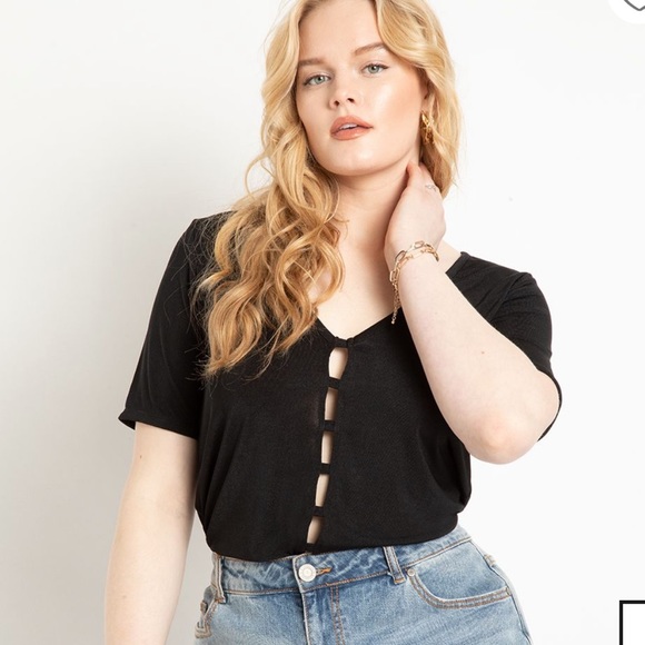 Eloquii Tops - Eloquii Lattice Front Short Sleeve Black Knit Tee Size  XL 14/16